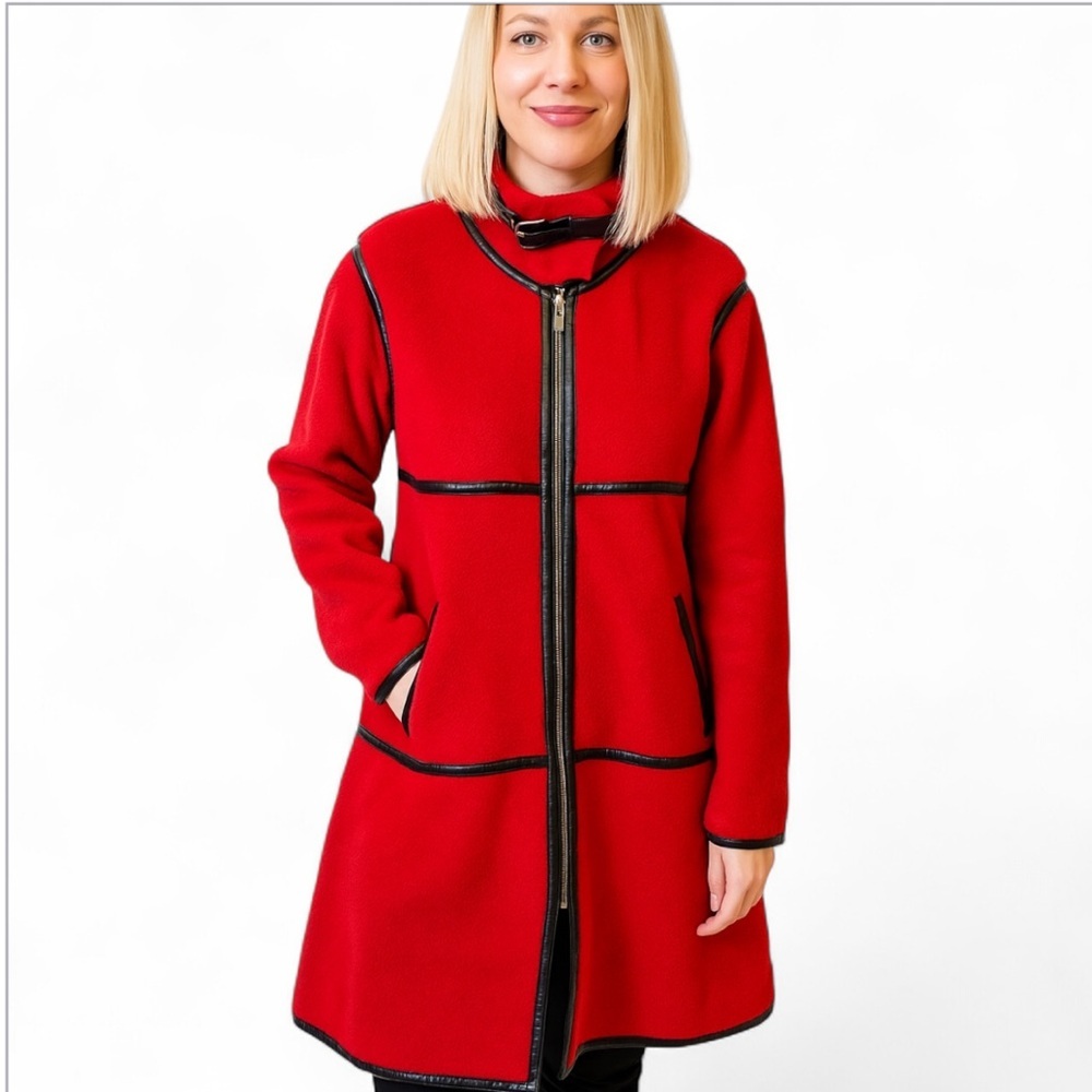 Pretty Garden Sherpa Coat Faux Leather Contrast Binding Trim Zipper Red Medium